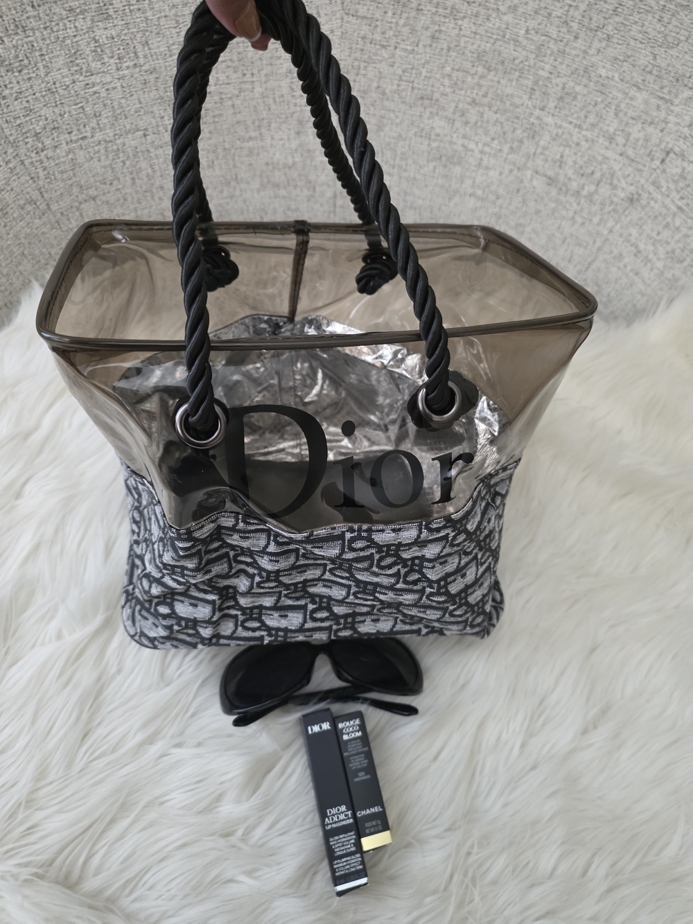 Dior Smoky Brown Transparent PVC & Gray Canvas Tote with Black Rope Handles